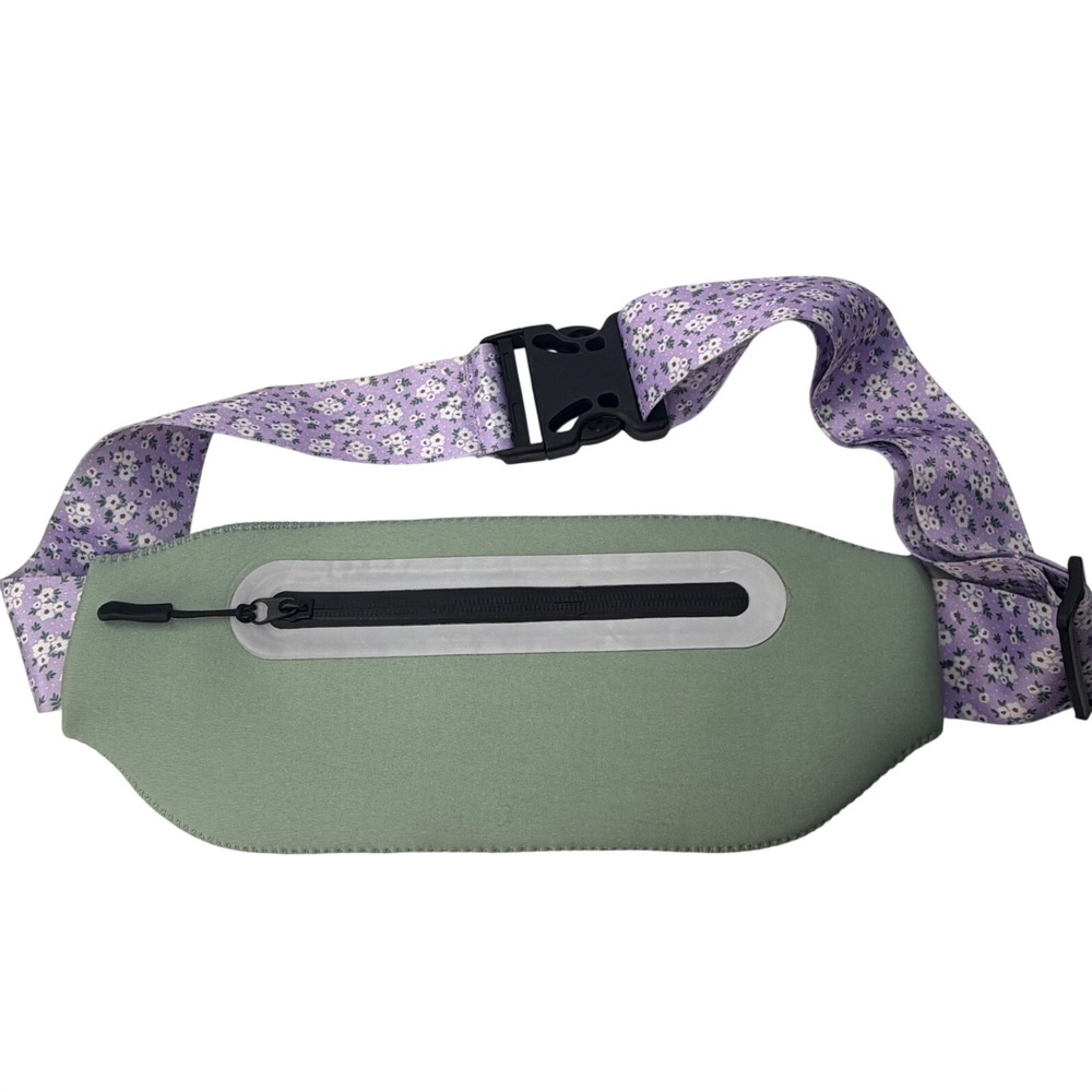 Sage Green Neoprene Running Belt Purple Floral Adjustable Waist Pack Reflective